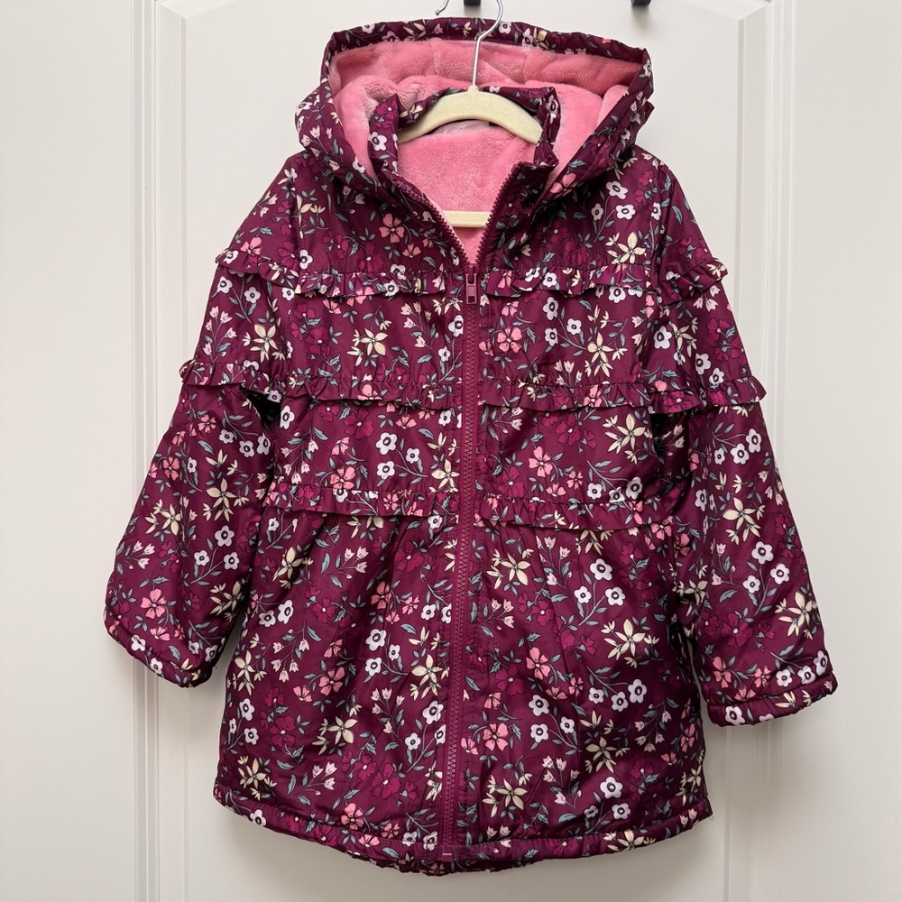 Penelope Mack Girls Floral Purple Pink Hooded Coat with Ruffles
